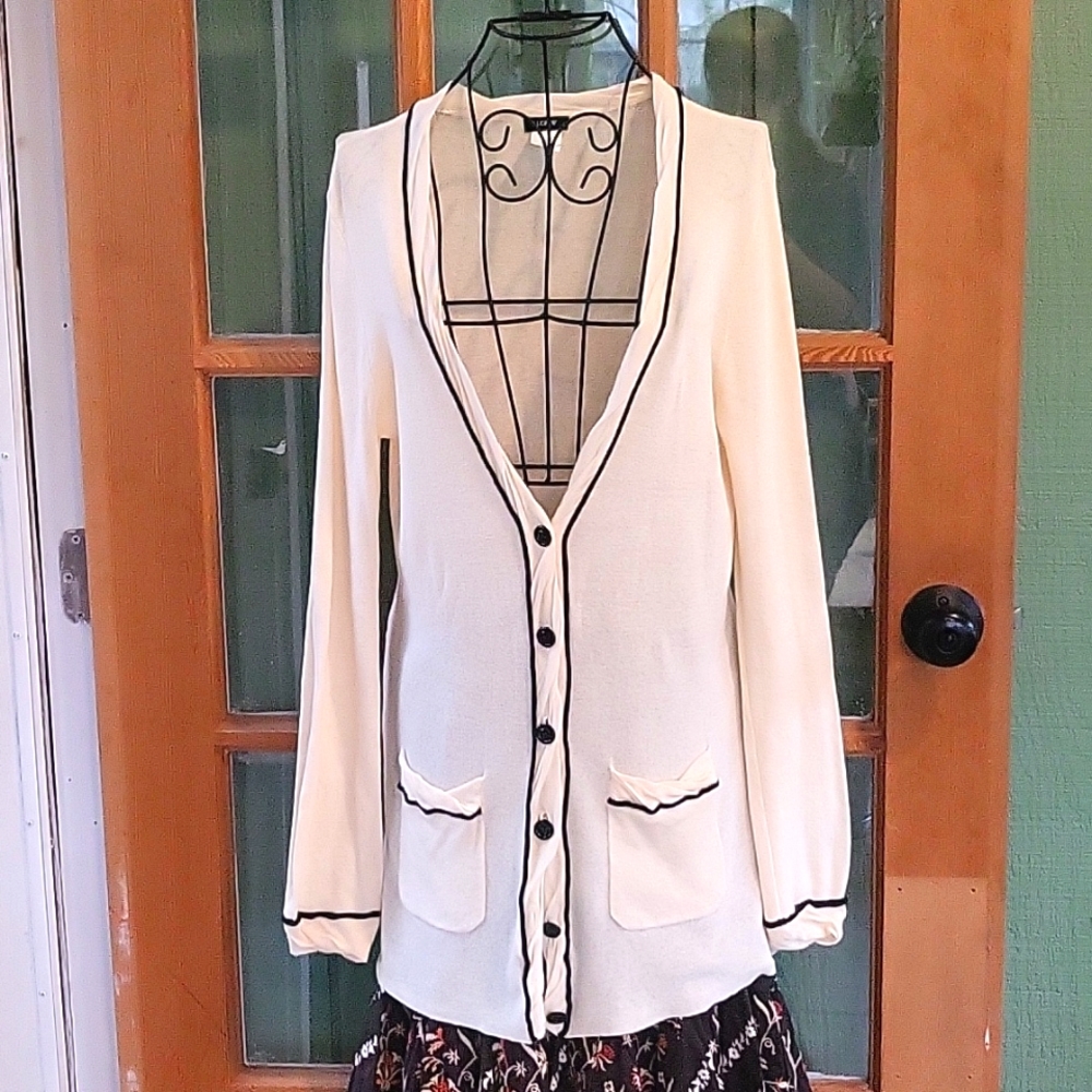 J Crew Cardigan, lightweight, soft pink with black piping, size Medium